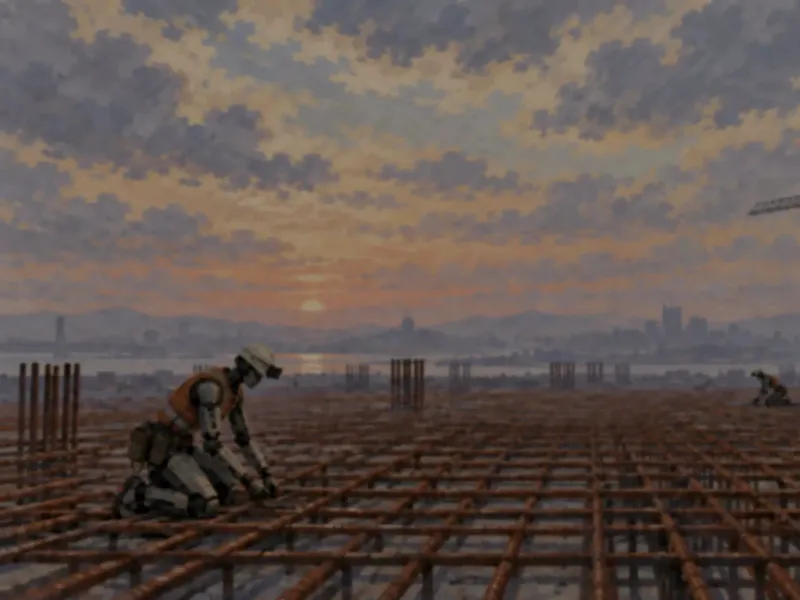 Rebar deck being tied on a high-rise floor slab at dusk