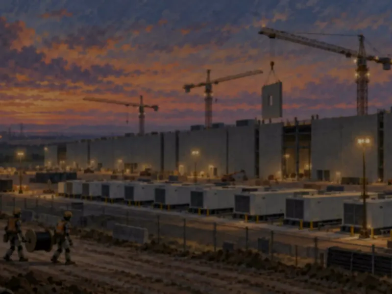 Data center under construction with tower cranes at dusk